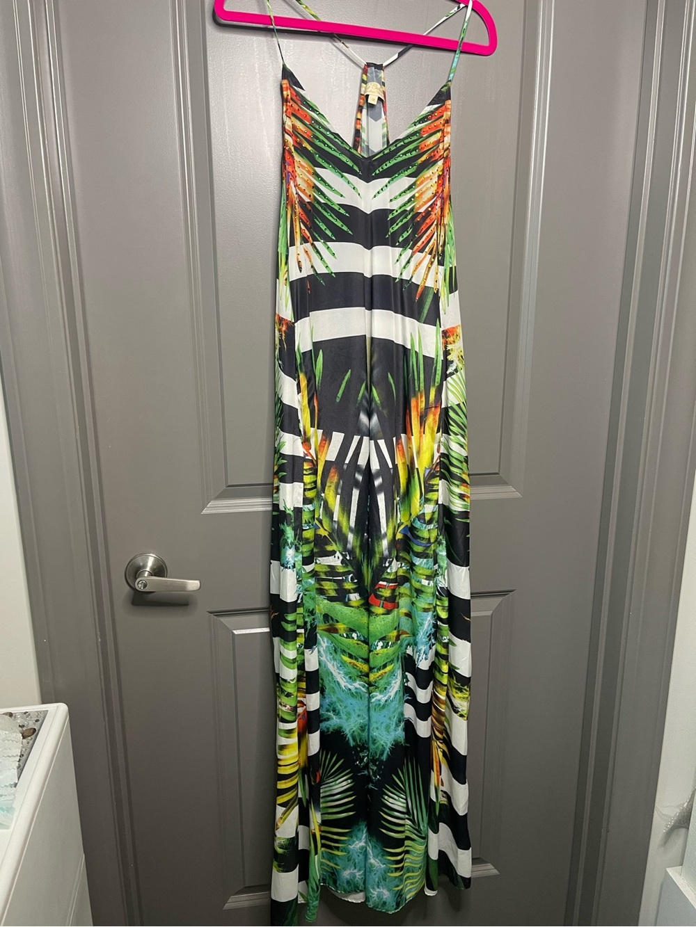 True colors La Moda Tropical Stripe Maxi Dress with Green Palm Print